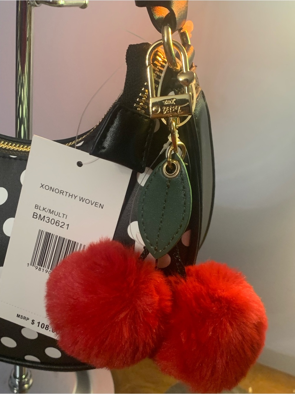 Betsey Johnson Black & White Polka Dot Crescent Satchel with Red Pom Pom - Picture 4 of 13